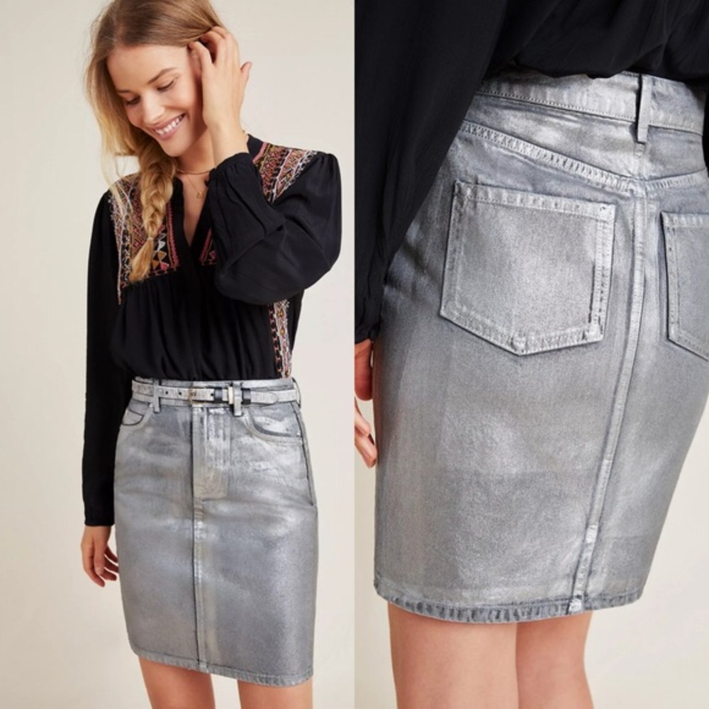 Anthropology Metallic Denim Pencil Skirt